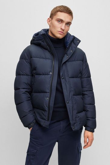 BOSS Blue Water Repellent Hooded Down Puffer Jacket