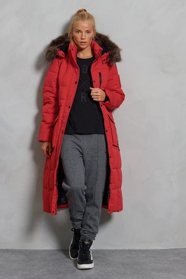 Superdry Red Longline Faux Fur Everest Coat