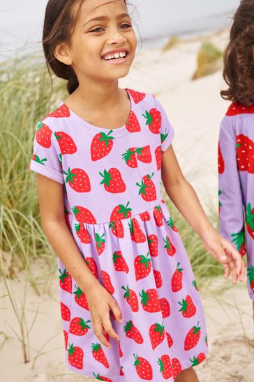 Boden Purple Short-Sleeved Fun Strawberry Jersey Dress