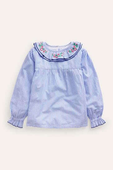 Boden Blue Embroidered Collar Top