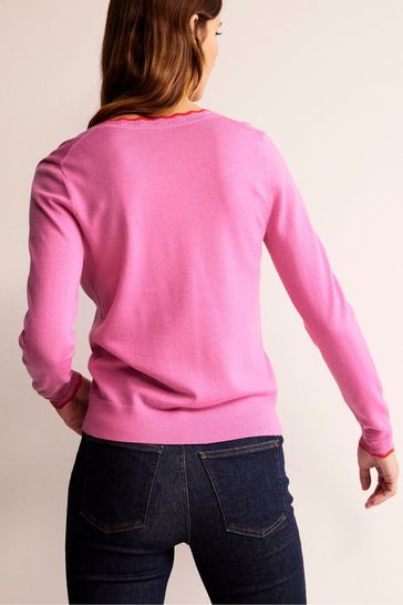 Boden Pink Merino Scallop V Neck Jumper