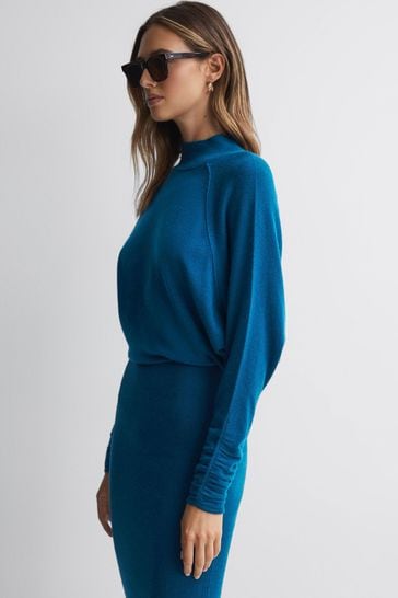 Reiss Blue Freya Wool Blend Ruched Sleeve Midi Dress