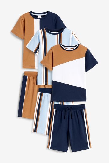 Blue/Tan Stripe 3 Pack Short Pyjamas (3-16yrs)