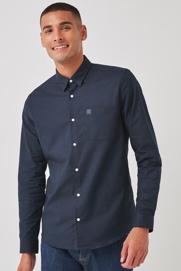 Navy Blue Pocket Slim Fit Long Sleeve Stretch Oxford Shirt