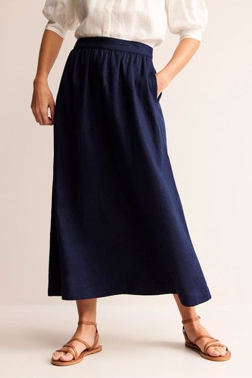 Boden Blue Florence Linen Midi Skirt