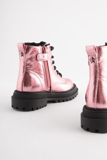 Pink Metallic Wide Fit G Chunky Lace Up Ankle Boots