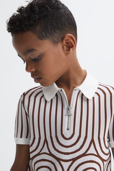 Buy Reiss White Brown Maycross Junior Half Zip Striped Polo T