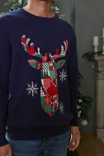 Navy Blue Reindeer Regular Christmas Mens Knitted Jumper