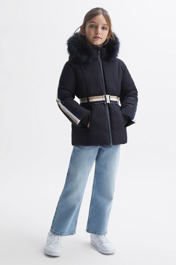 Reiss Navy Cara Senior Quilted Faux Fur Hooded Coat