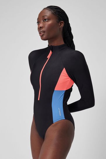 Speedo Grey 8 004033 Long Sleeve Zip Colorblock Swimsuit