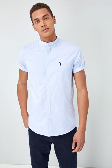 Buy Blue Stretch Oxford Short Sleeve Shirt With Grandad Collar