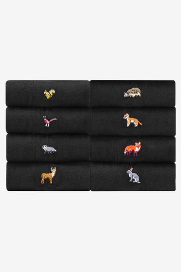 Black Woodland Animals Fun Black Embroidered Socks 8 Pack