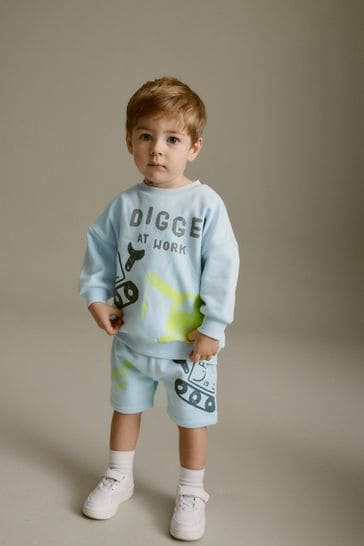 Light Blue Digger Jersey Crew Neck Sweatshirt and Short Set (3mths-7yrs) (3mths-7yrs)