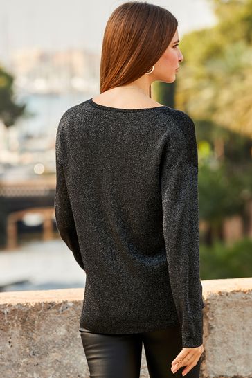 Buy Sosandar Black Metallic V Neck Jumper from Next Luxembourg