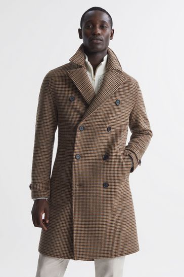 Reiss Camel Unity Modern Fit Wool Blend Double Breasted Dogtooth Coat