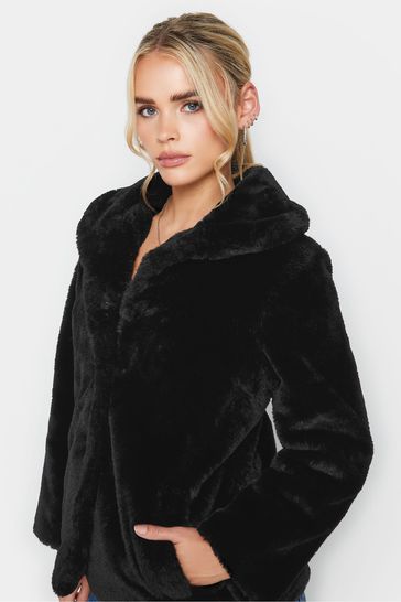 Petite black faux fur coat top