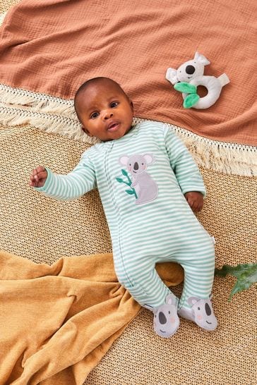 JoJo Maman Bébé Green Koala Appliqué Zip Cotton Baby Sleepsuit
