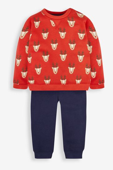 JoJo Maman Bébé Red Boys' Reindeer Sweatshirt & Jogger With Pet In Pocket Set