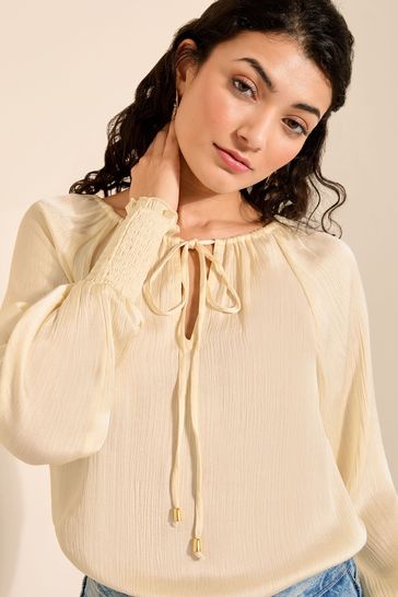 Friends Like These Champagne Gold Tie Neck Long Sleeve Blouse
