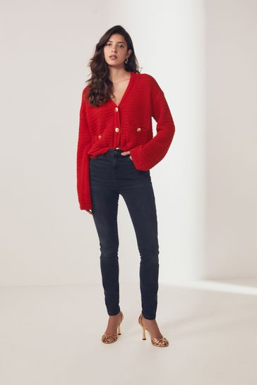 Red Gold Button Pocket Detail Cardigan