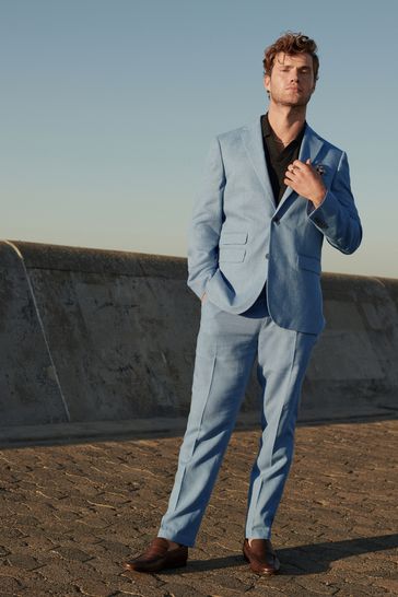 Light Blue Linen Tailored Fit Suit: Trousers
