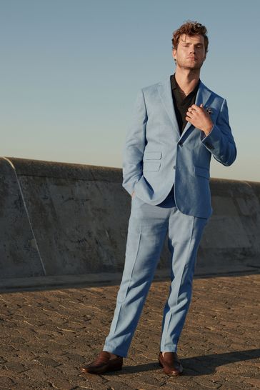 Light Blue Linen Blend Tailored Fit Suit Trousers