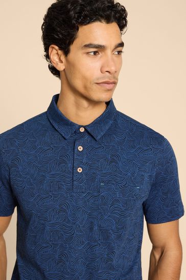 White Stuff Blue Waves Printed Polo Shirt
