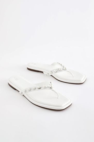 White Regular/Wide Fit Pearl Effect Toe Post Sandals