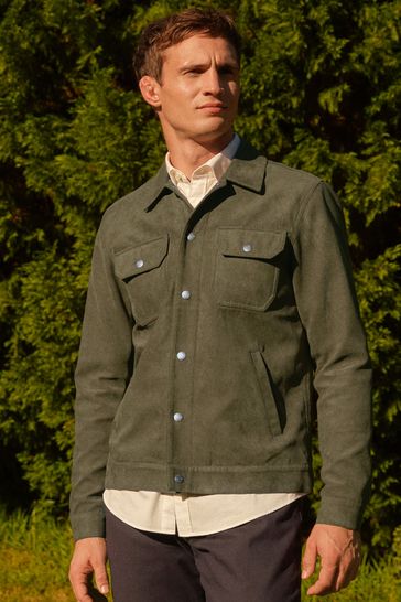 Buy Khaki Green Faux Suede Collared Trucker Jacket from Next Bahrain