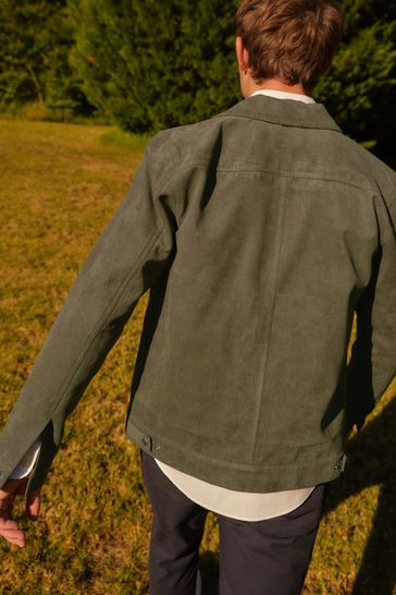 Buy Khaki Green Faux Suede Collared Trucker Jacket from Next Bahrain