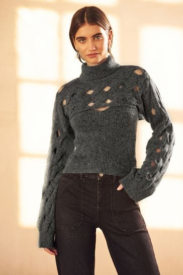 Charcoal Grey 2 In 1 Open Stitch Vest and Roll Neck Cropped Shrug Jumper