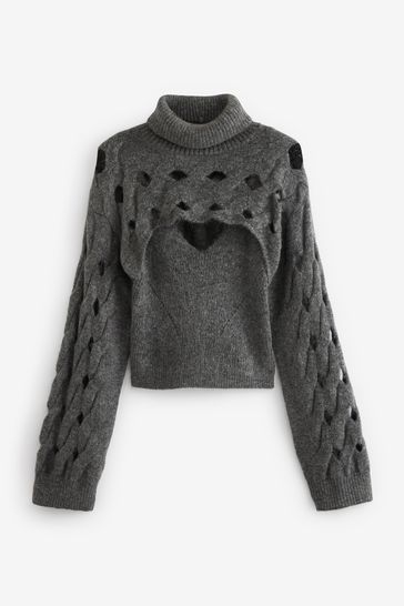Buy Charcoal Grey 2 In 1 Open Stitch Vest and Roll Neck Cropped