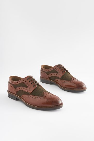 Tan Brown Leather Tweed Detail Brogues