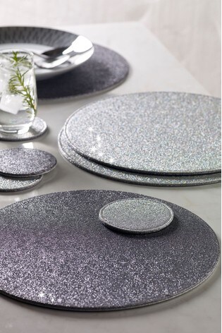 Set Of 4 Reversible Glitter Placemats, Silver Glitter Placemats Round