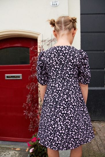 Black Pink Floral Ruched Sleeve Tea Dress 3 16yrs