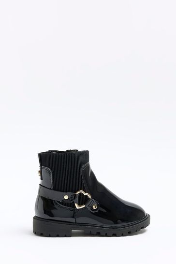 River Island Black River Island Girls Heart Strap Black Boots