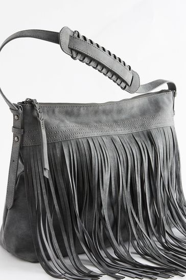 Grey Fringe Hobo Shoulder Bag