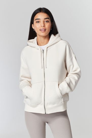 Buy Ecru White Heavy Weight Brushed Long Sleeve Zip Through Hoodie