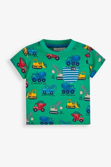 JoJo Maman Bébé Green Construction Print Pocket T-Shirt