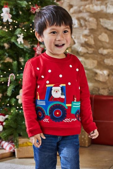 JoJo Maman Bébé Red Santa In A Tractor Appliqué Sweatshirt