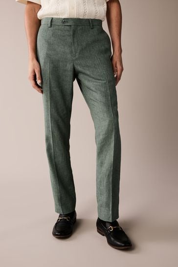Green Linen Tailored Fit Suit: Trousers