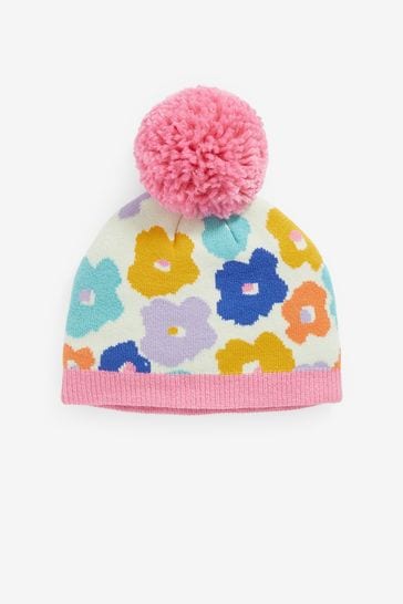 Ecru/Pink Cat Pom Beanie Hat (3mths-6yrs)