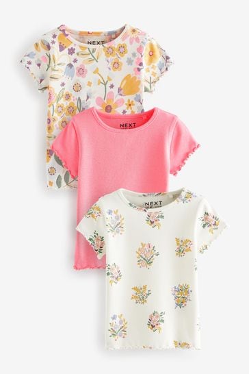 Pink Floral Short Sleeve Rib T-Shirts 3 Pack (3mths-7yrs)