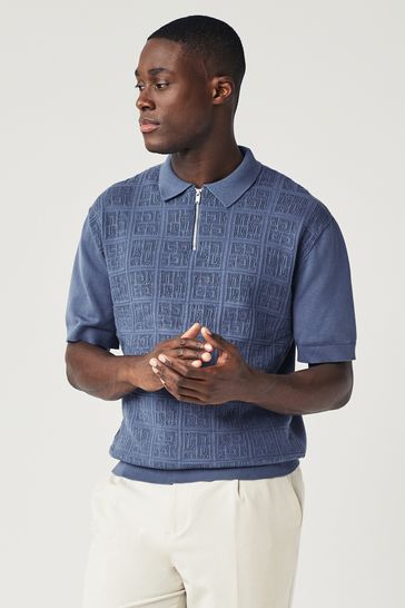 Blue Knitted Pointelle Textured Relaxed Fit Polo Shirt