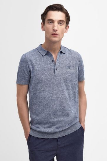 Barbour® Blue Buston Cotton Blend With Linen Knitted Polo Shirt