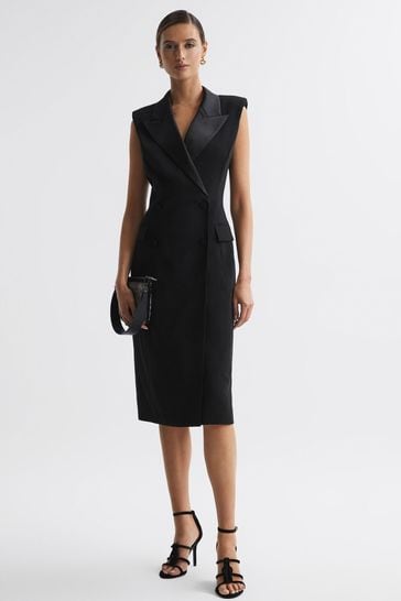 Reiss Black Amari Fitted Double Breasted Midi Dress