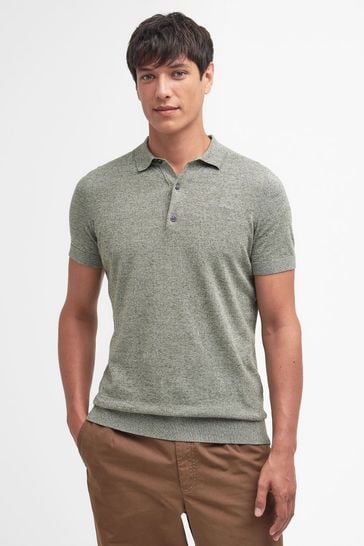 Barbour® Green Buston Cotton Blend With Linen Knitted Polo Shirt