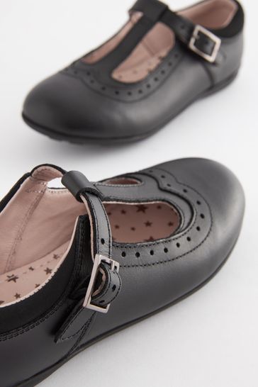 Black Standard Fit F Leather T Bar Leather Shoes