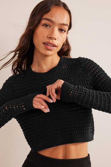 Buy Boden Black Cropped Crochet Jumper from Next Luxembourg