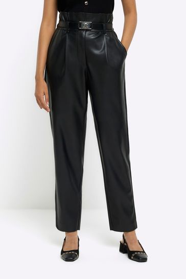 River Island Black Faux leather Paperbag Waist Trousers